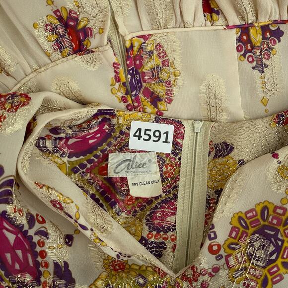 Alice of California Vtg 60s Dress Women M Metallic Batik Print Maxi Boho Formal - Picture 8 of 10